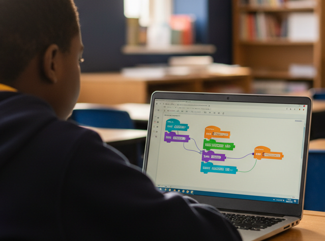 Learner using block coding on a laptop