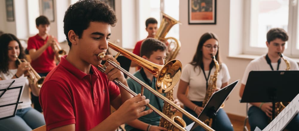 Alunos da Escola de Música da SFH a ensaiar instrumentos de sopro
