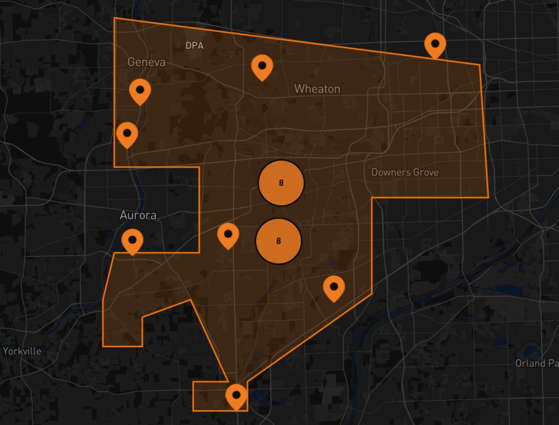 DuPage Digital Media advertising network map across DuPage, Kane, Kendall, and Will Counties