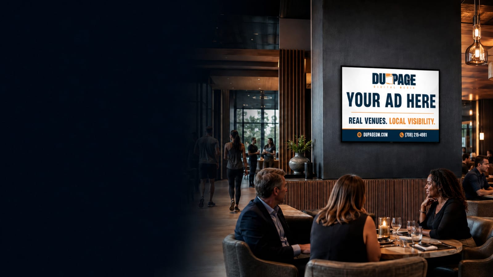 DuPage Digital Media indoor digital billboard ad displayed at a local venue in the Chicago western suburbs