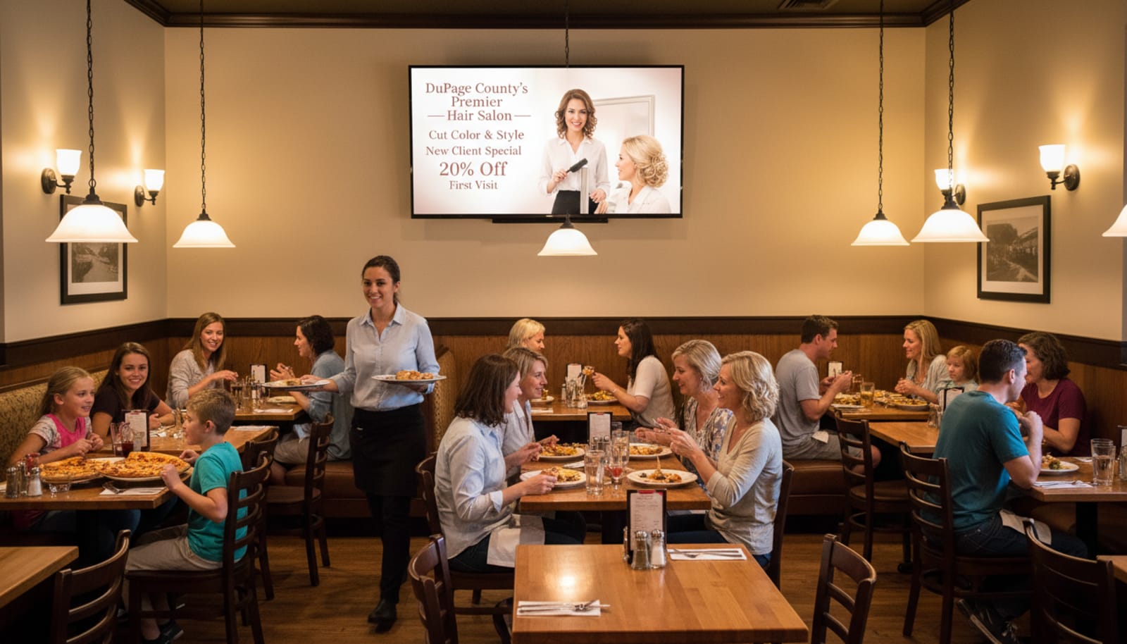 Indoor digital advertising screen in a restaurant setting at Pomegranate Cafe in Aurora