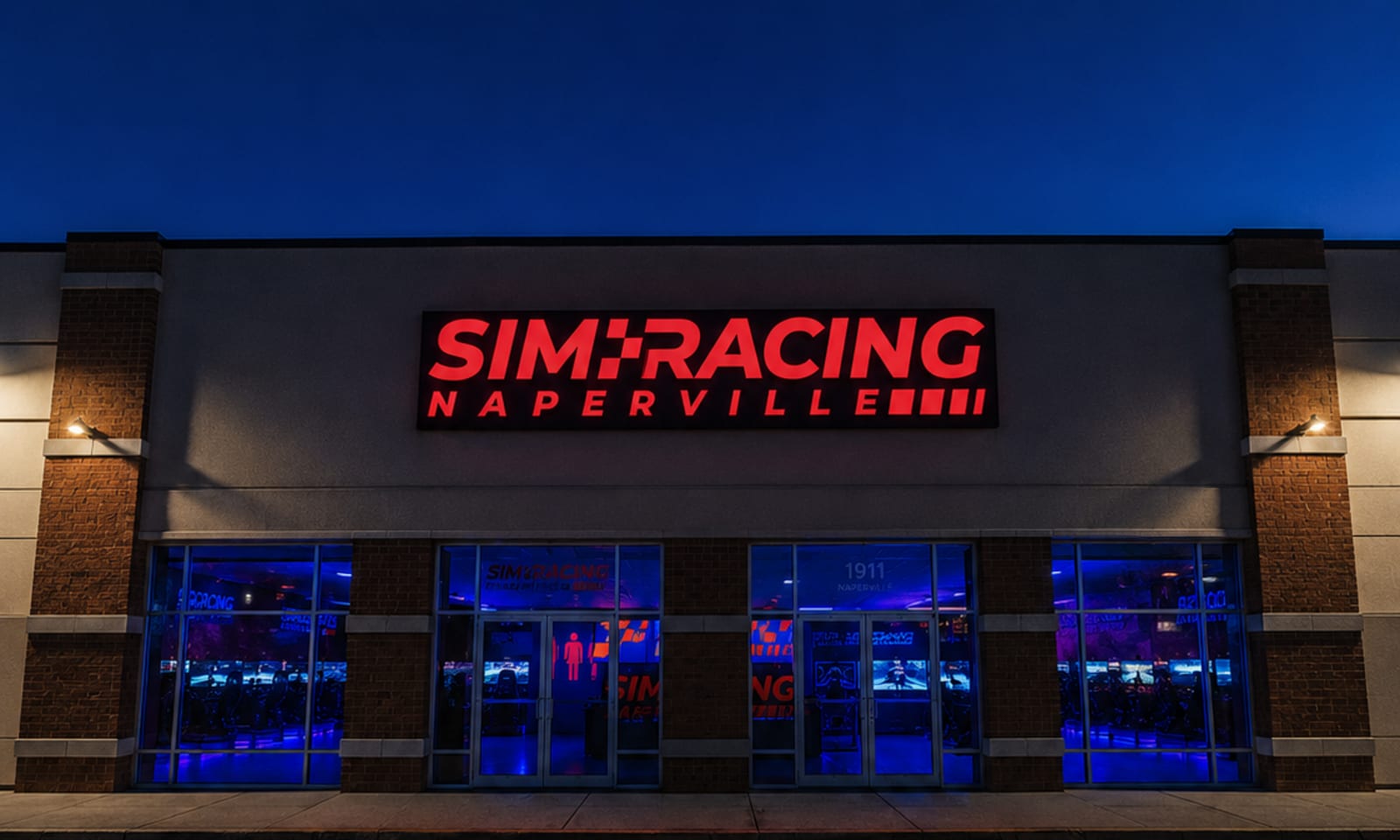 Sim Racing Naperville exterior illuminated at night