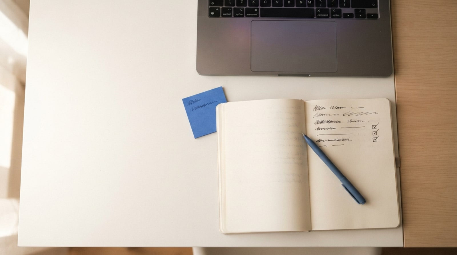 A founder's desk with a laptop and a handwritten marketing to-do list ready to hand off
