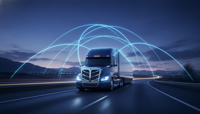 Commercial truck on highway at dusk with connected vehicle safety signals