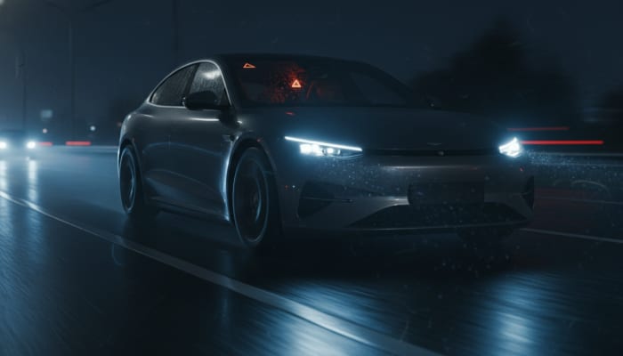 Private vehicle receiving road safety alerts at night