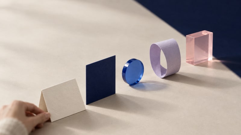 A hand sets folded paper at the start of five sculptural forms on a pale tabletop, followed by a navy panel, blue disc, lavender loop and pink block.