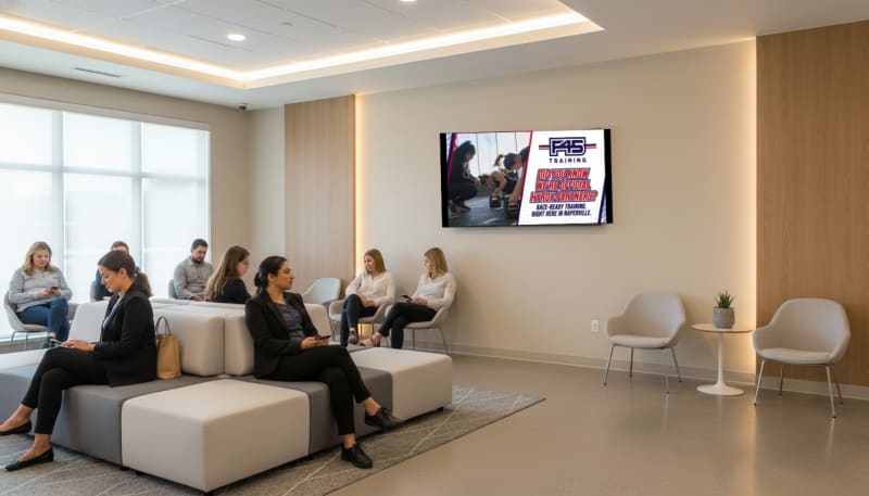 Indoor digital screen in a customer-facing venue showing DDM network advertising