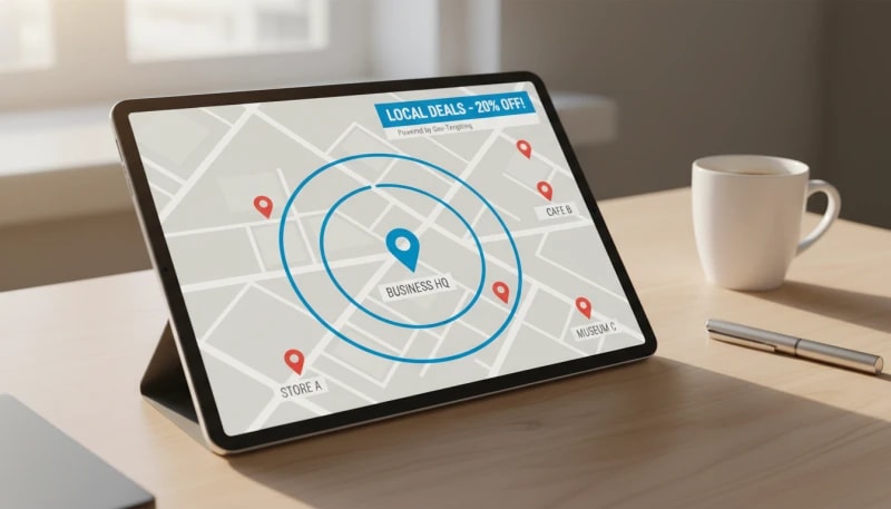 Geofencing zone diagram showing competitor zone, event zone, ad served, retargeting, and conversion zone tracking across the Collar Counties