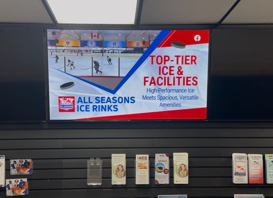 DDM indoor advertising screen at All Seasons Ice Rinks in Naperville