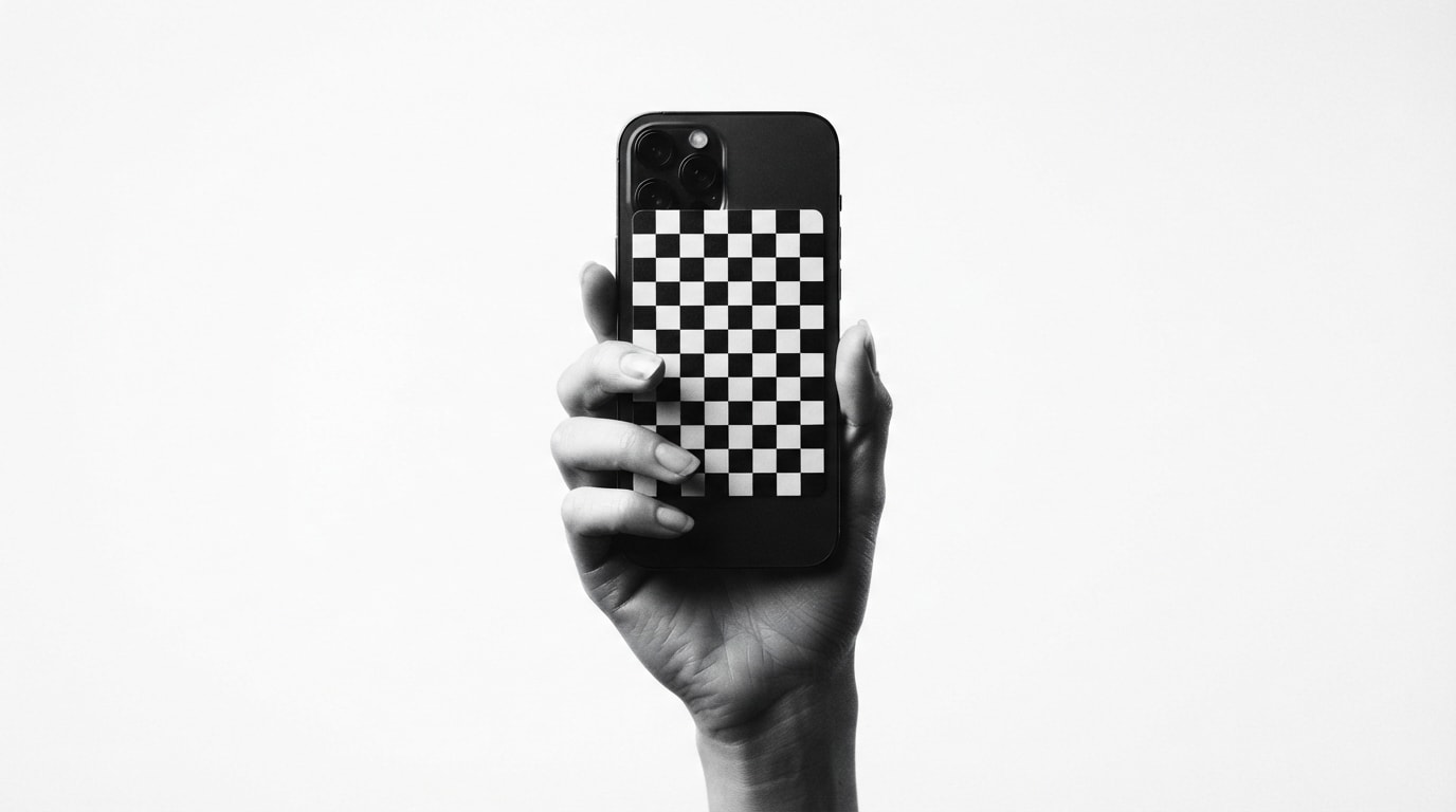 Monochrome editorial illustration of a hand holding a smartphone