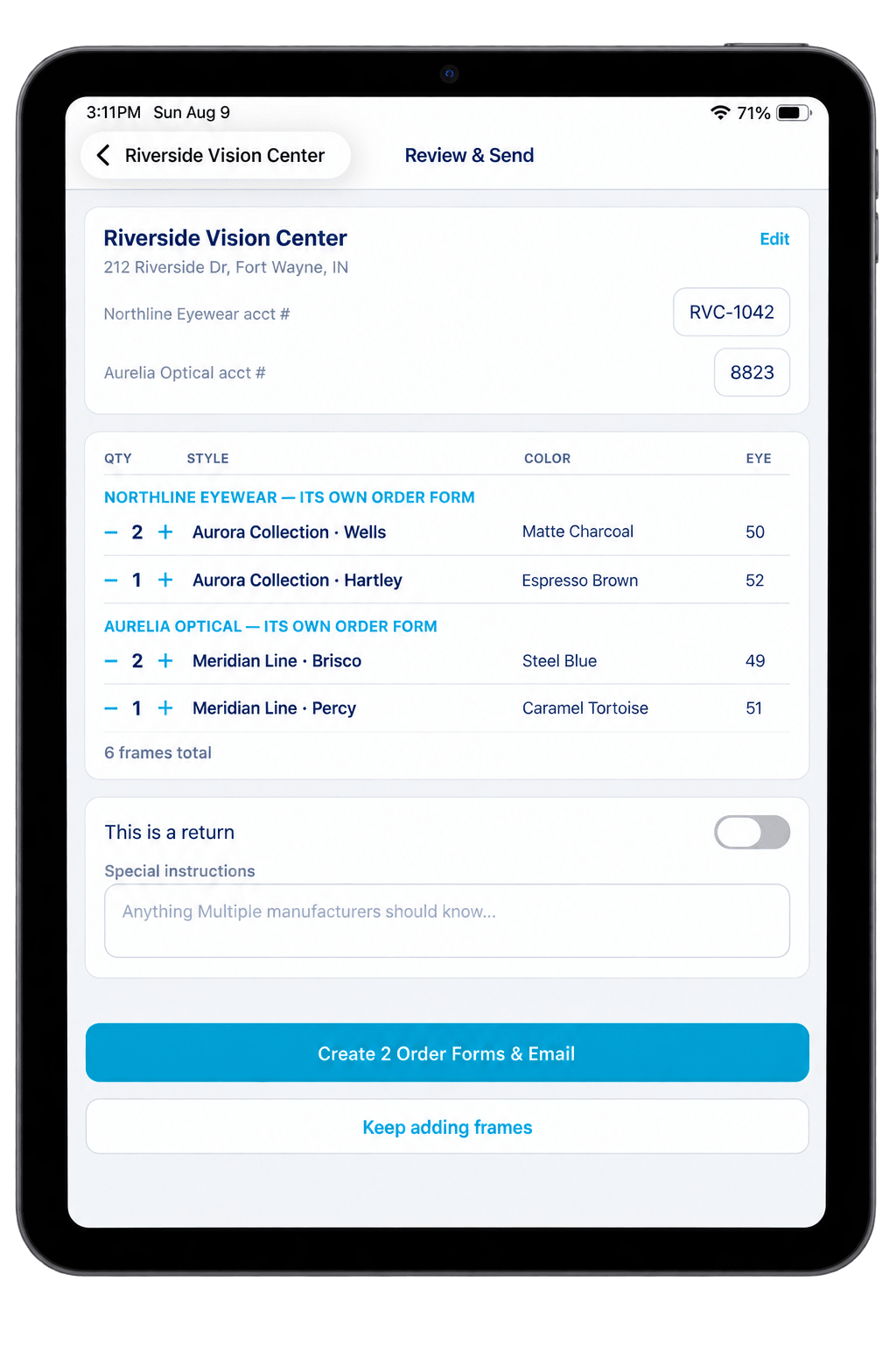 Frameboard app on iPad showing live catalog and order screen