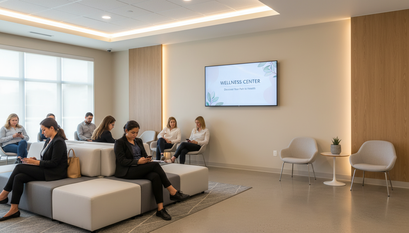 Indoor digital advertising screen in a busy medical waiting room