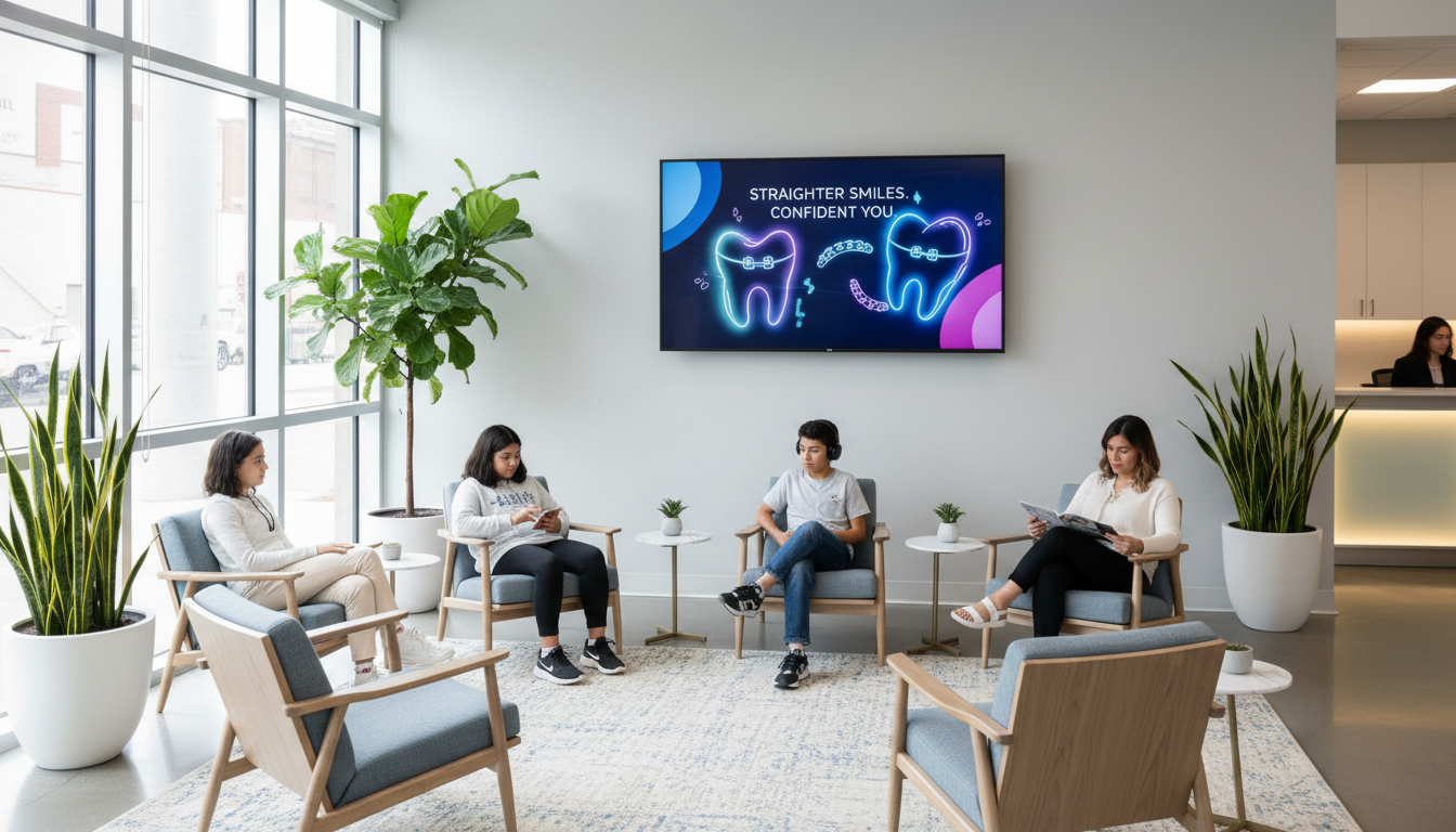 Bright orthodontic waiting room with a TV displaying an orthodontist advertisement