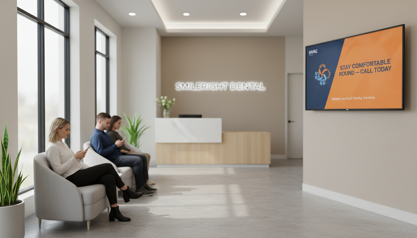 Bright waiting room with a TV displaying an HVAC advertisement