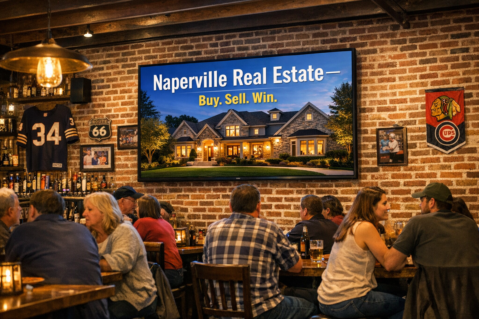 Lively bar and grill with a digital screen showing a Naperville real estate advertisement