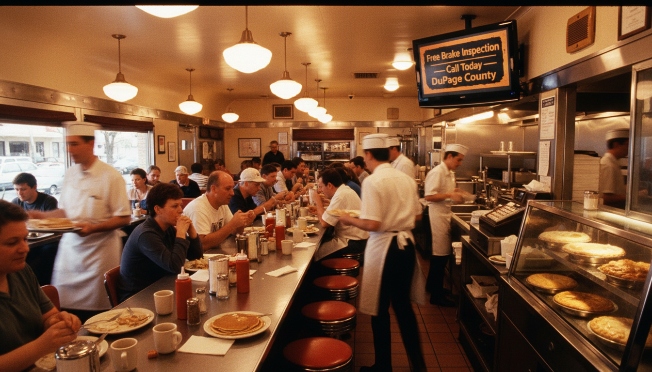 Busy retro diner with a TV showing an auto repair advertisement