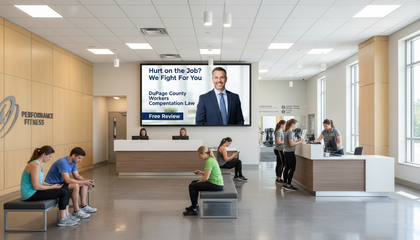 Busy gym lobby with a digital screen showing a workers compensation law advertisement