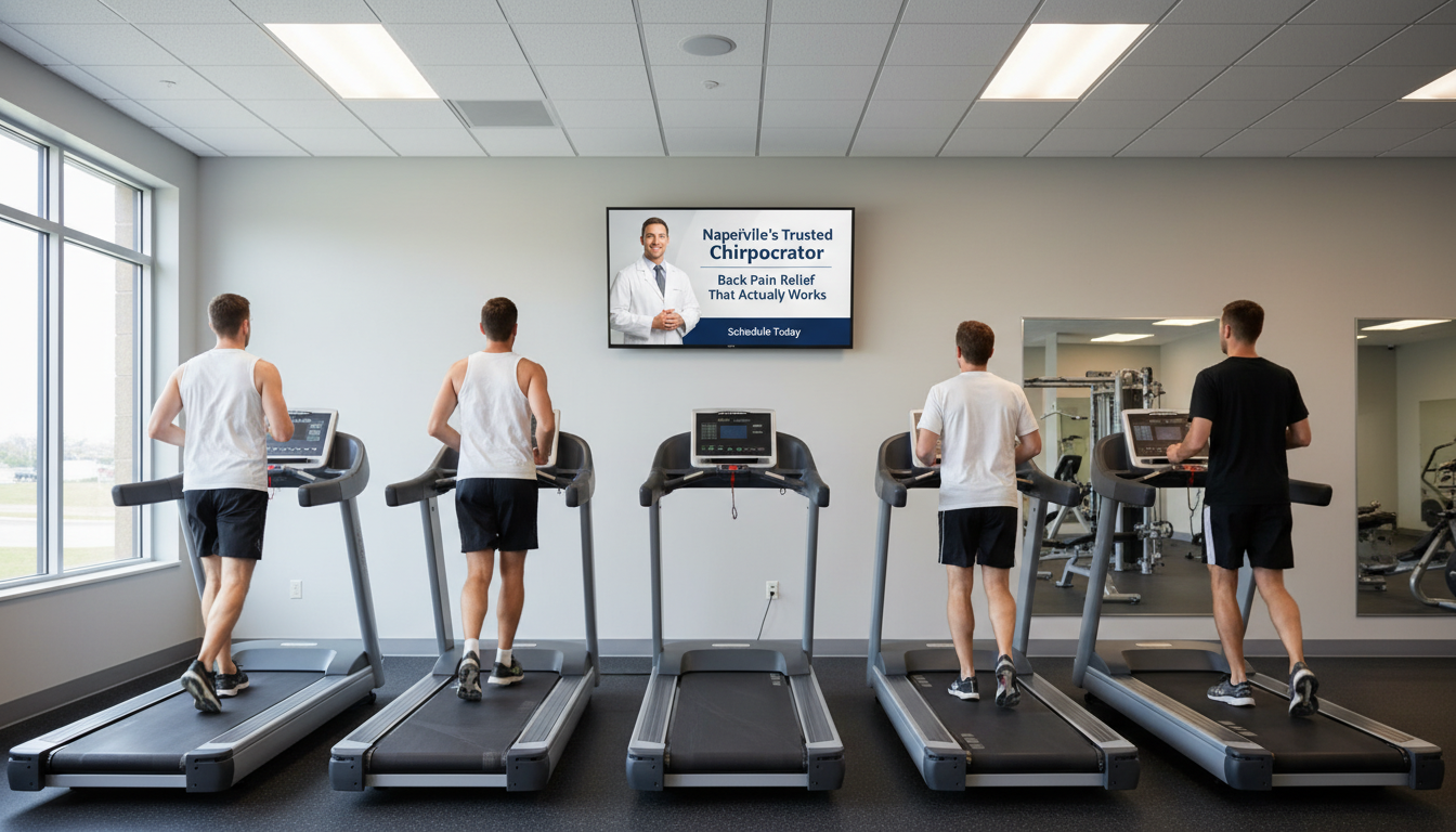 Gym treadmill area with a TV displaying a chiropractic advertisement