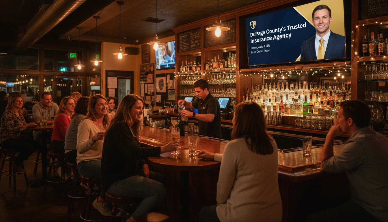 Busy neighborhood bar with a TV showing an insurance agency advertisement