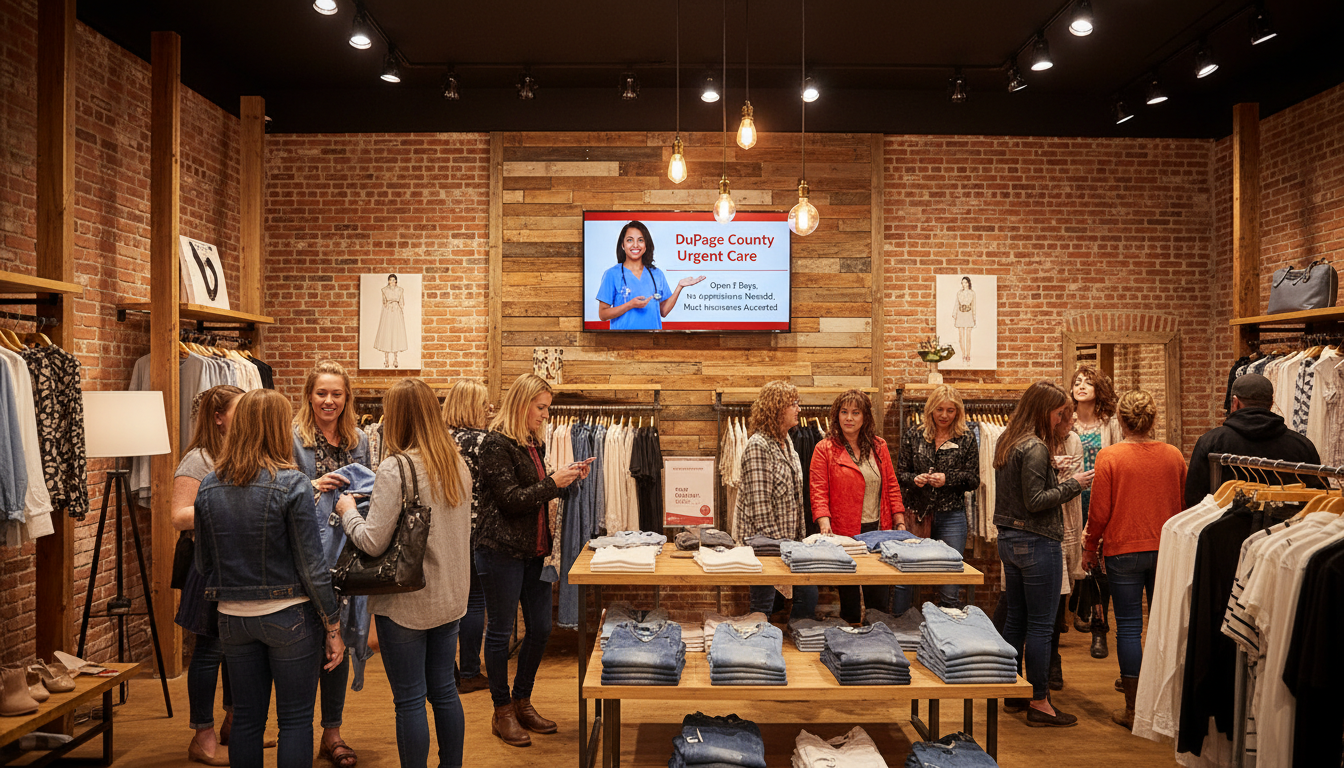 Busy boutique retail shop with a TV showing an urgent care advertisement