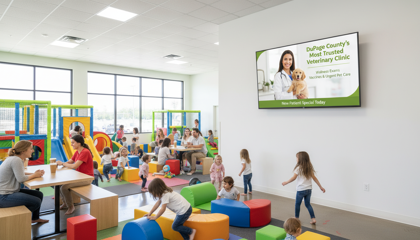 Kids play center with a TV showing a veterinary clinic advertisement