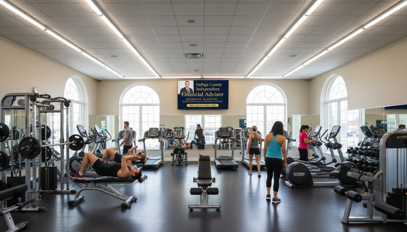 Upscale fitness center with a TV showing a financial advisor advertisement