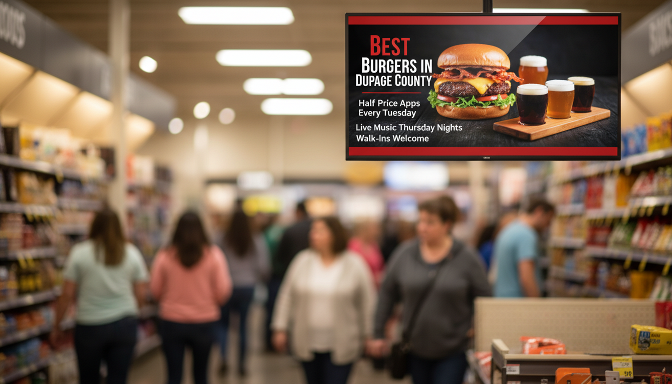 Retail store with a TV showing a restaurant burger and craft beer advertisement