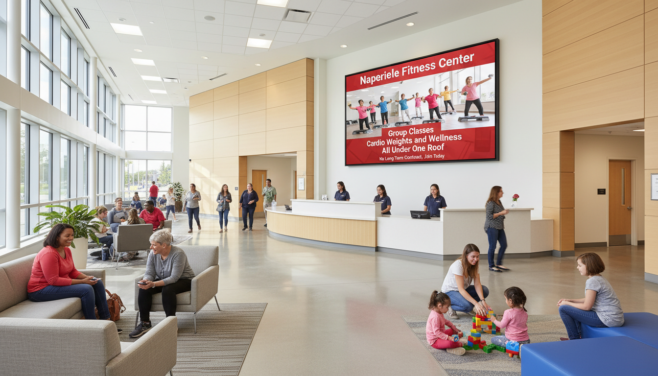 Community center lobby with a digital screen showing a fitness center advertisement