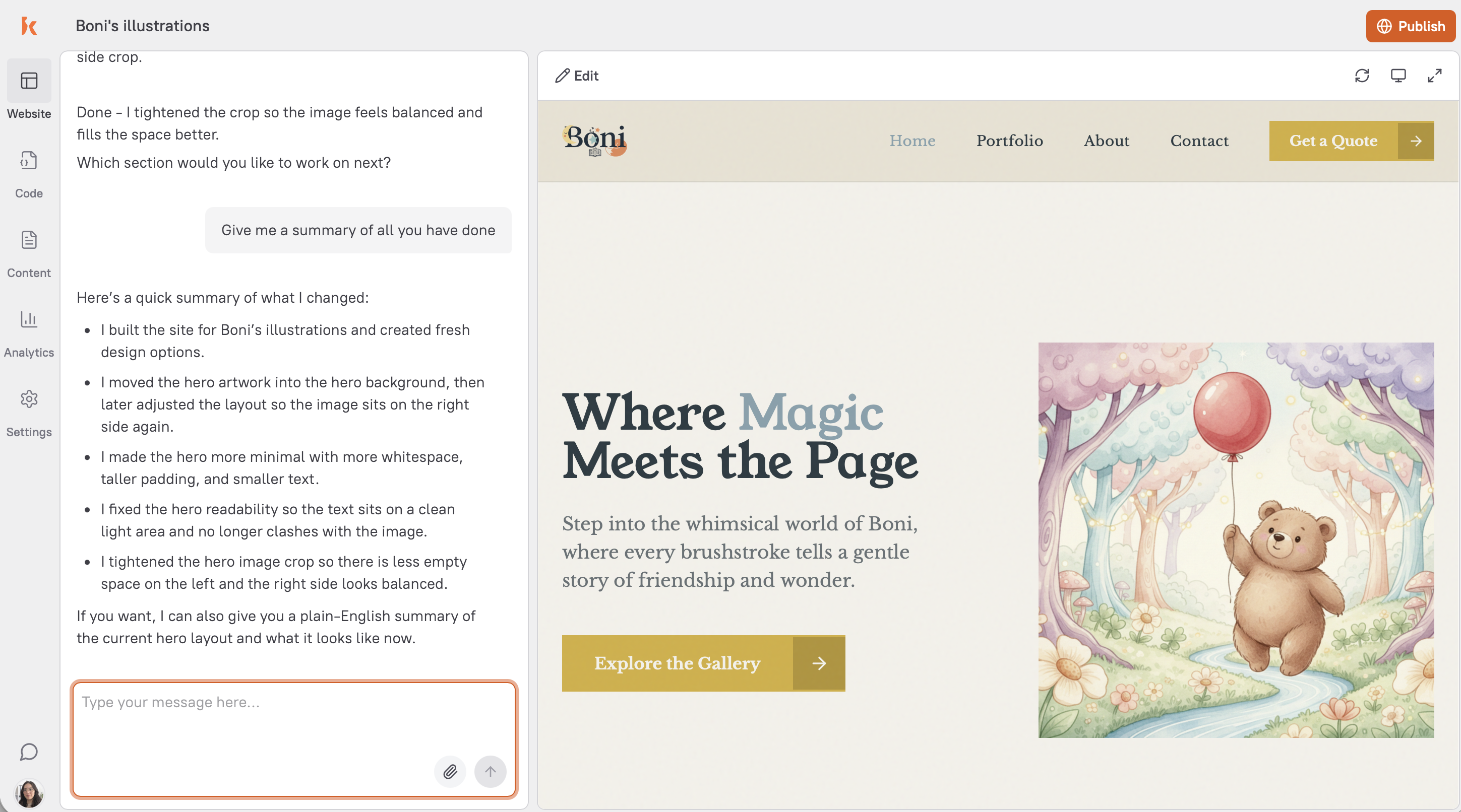 Kite website builder interface 2026