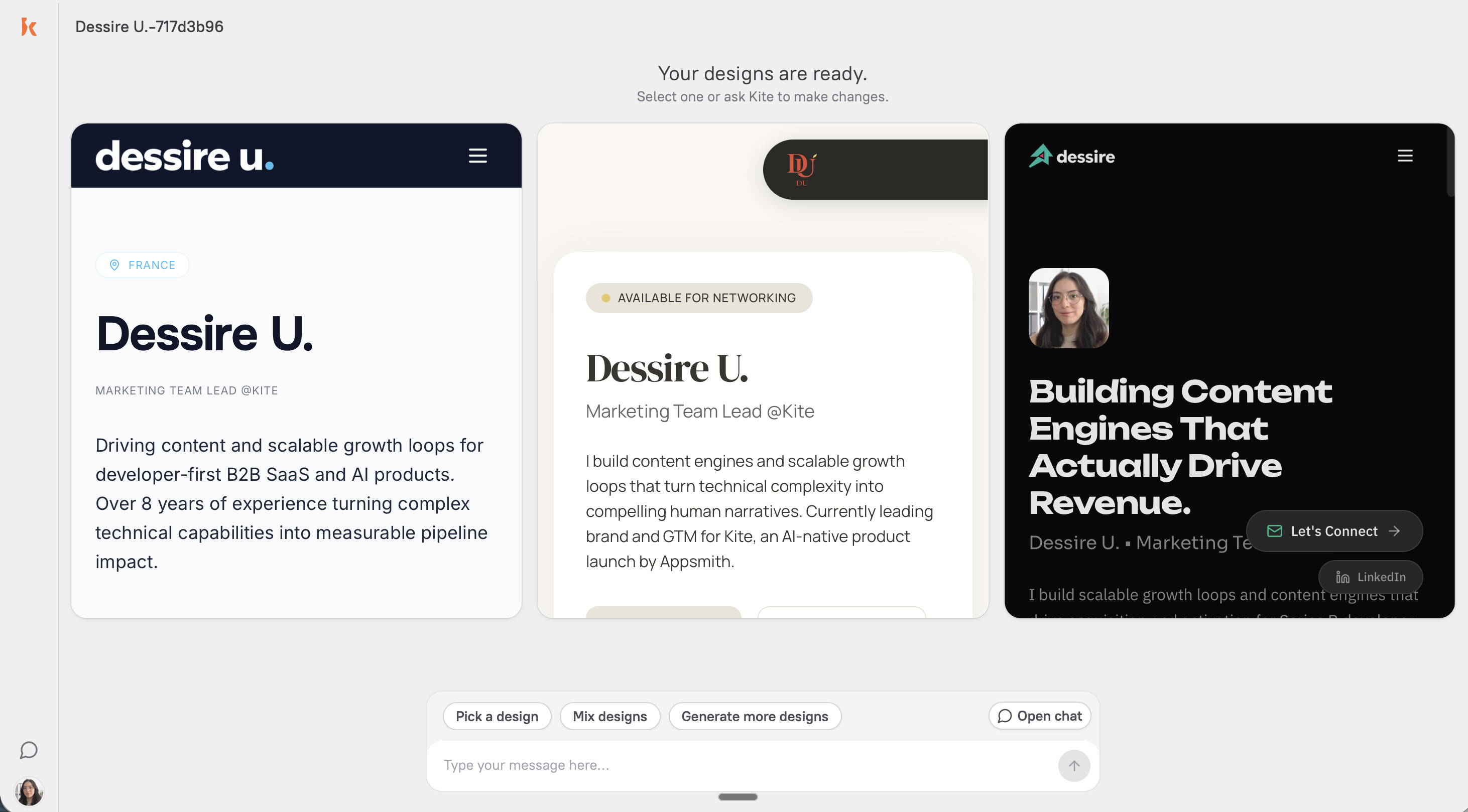 Three complete website designs generated by Kite