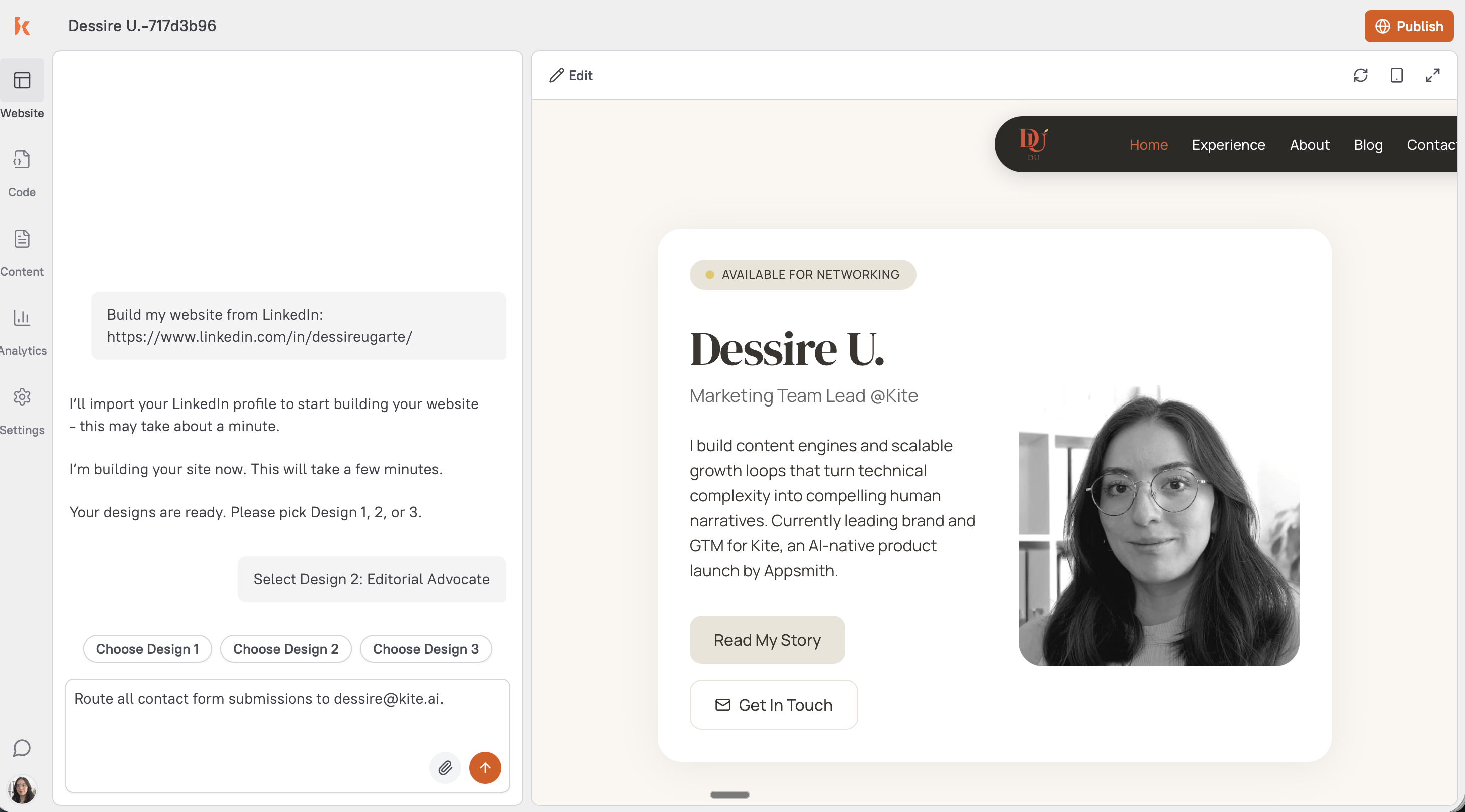 Chatting with Kite to refine your freelance website