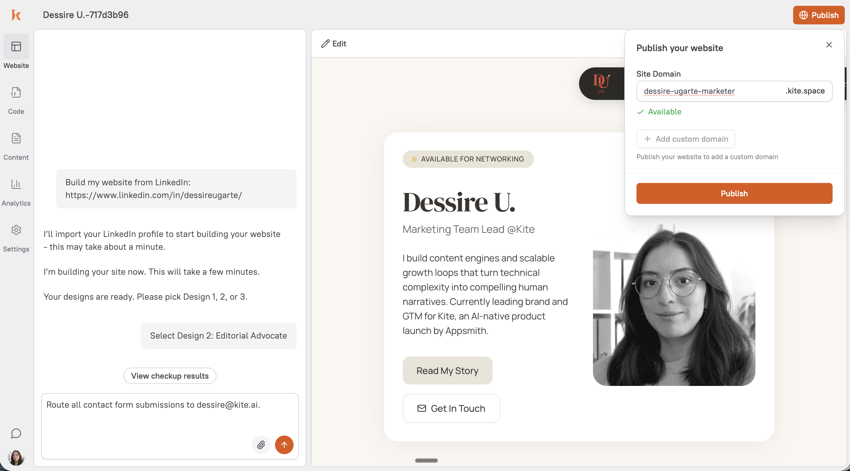Publishing your Kite freelance website