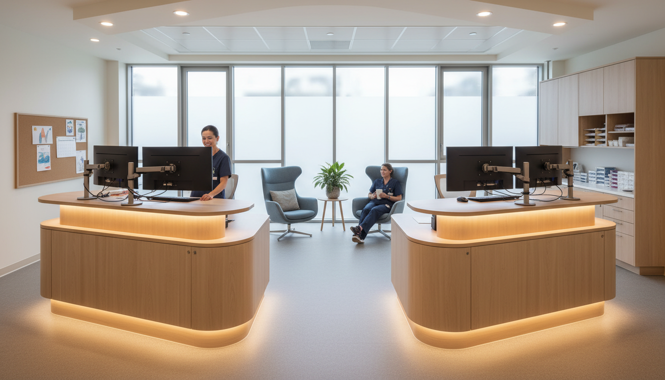 Ergonomic nurse station in a trauma-informed clinical workspace