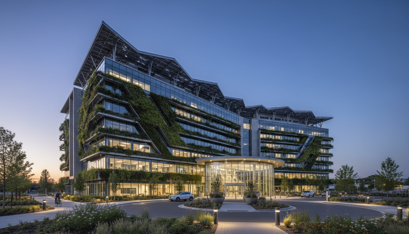 Sustainable hospital exterior featuring biophilic green roof and natural materials