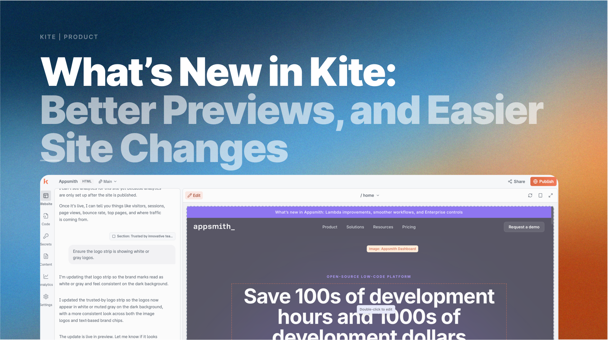 What's new in Kite: cleaner edits, better previews, and easier ways to manage site changes