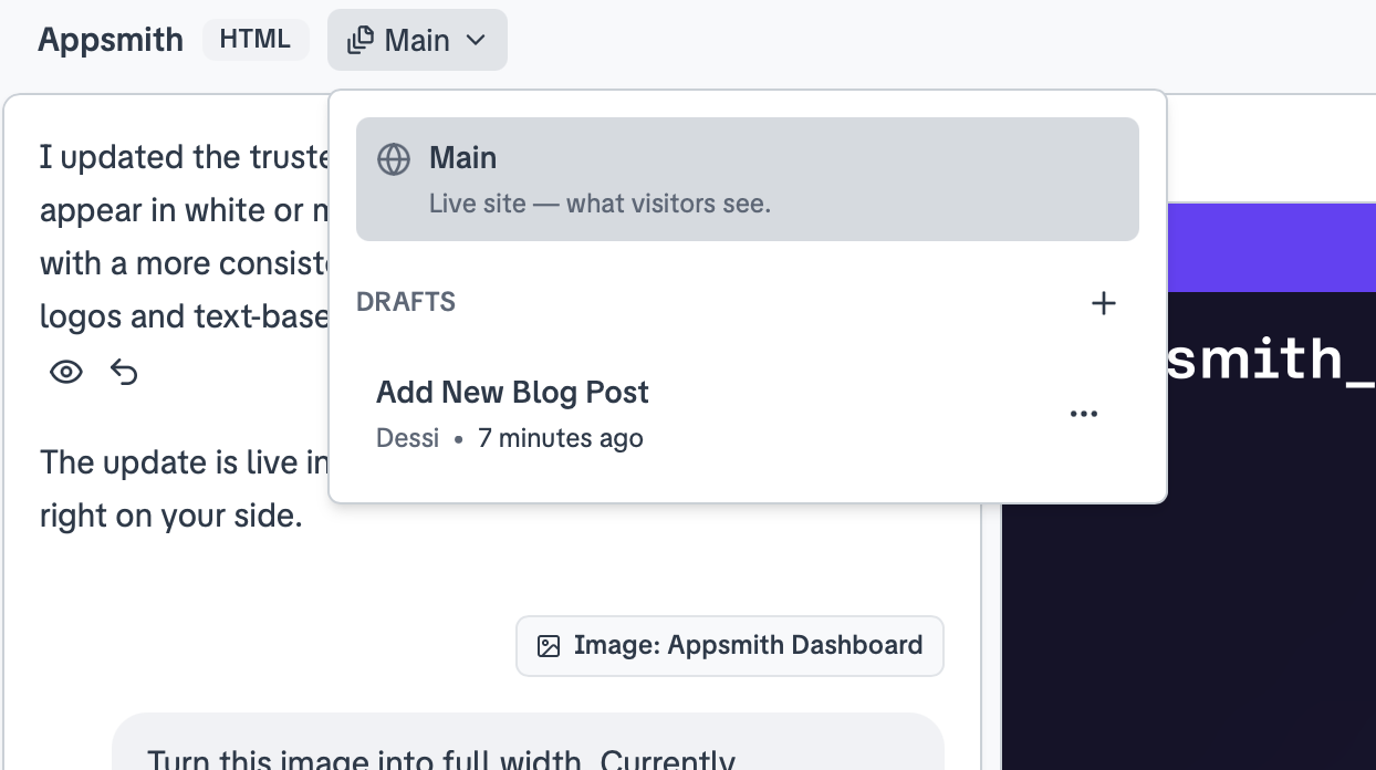 Drafts & Published Site View