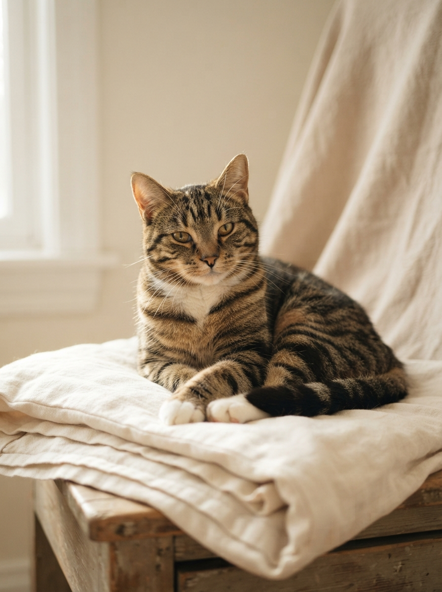 Tabby cat on soft linen