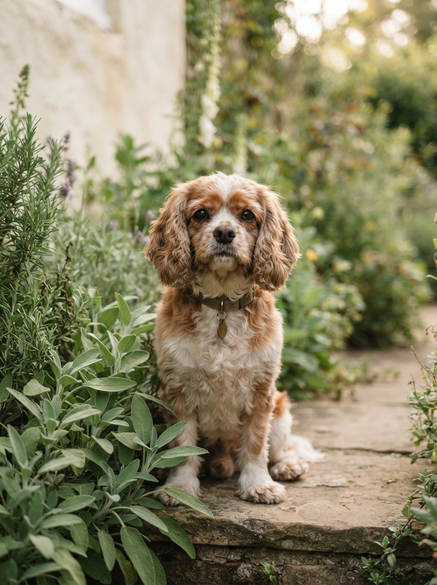 Dog among sage green garden leaves