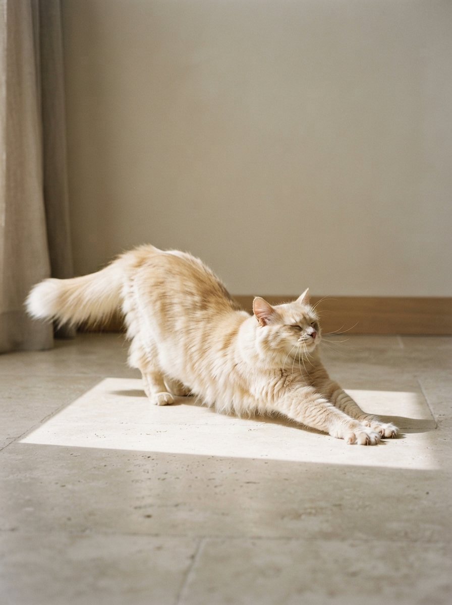 Cat stretching in soft morning sunlight