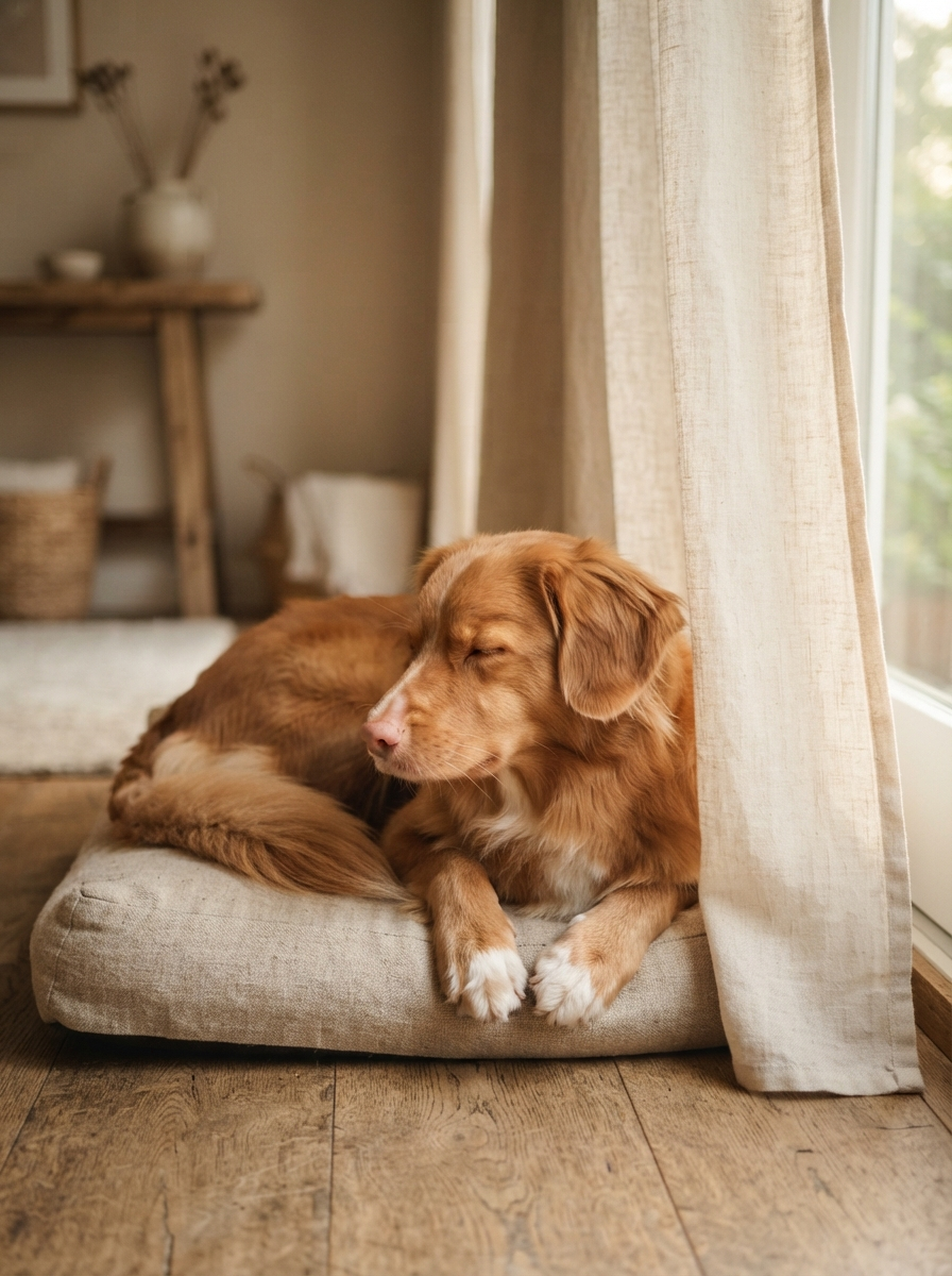Dog resting in early sunlight beside a linen curtain