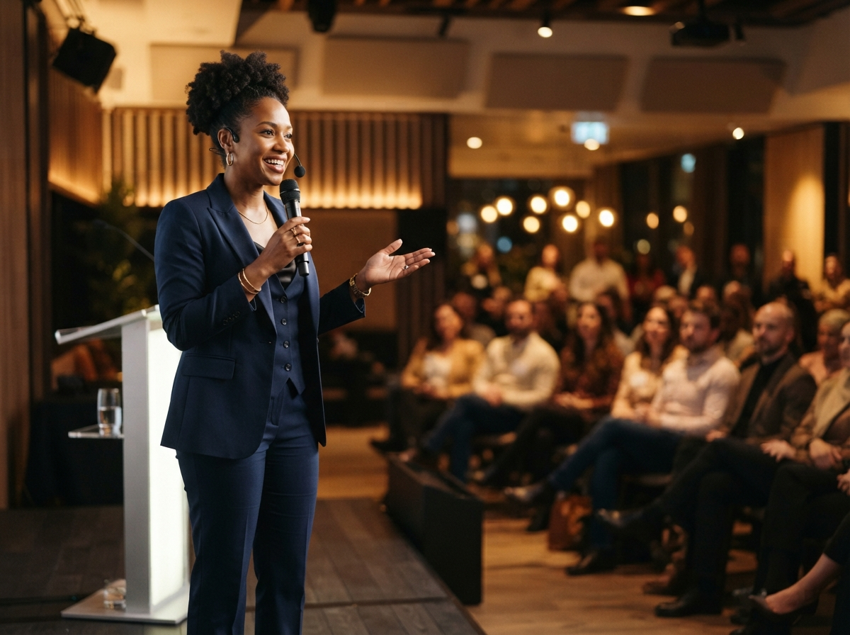 Sharon Nkwah hosting a live event