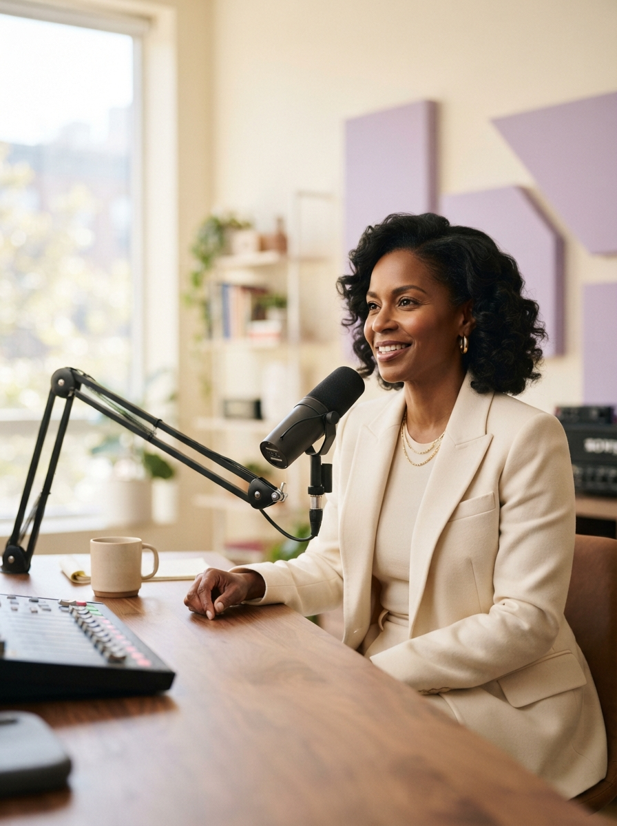 Sharon Nkwah in a podcast recording studio