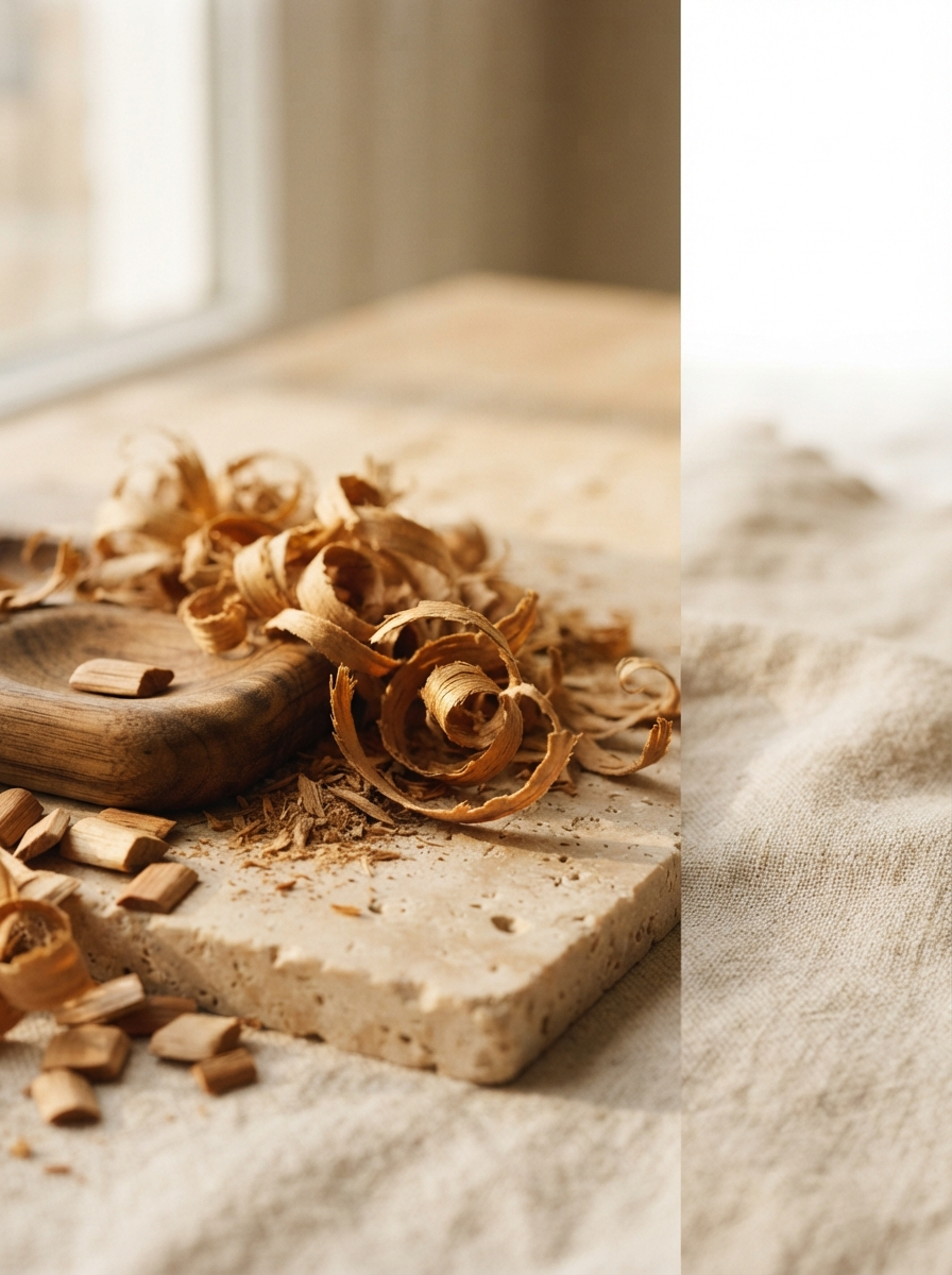Sandalwood bark and shavings in warm editorial light