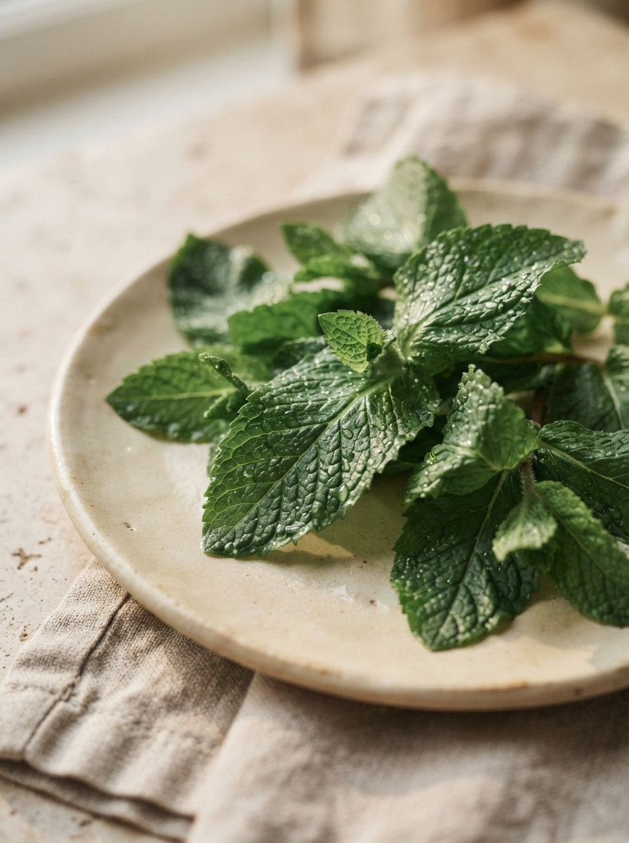 Fresh spearmint leaves with soft natural light