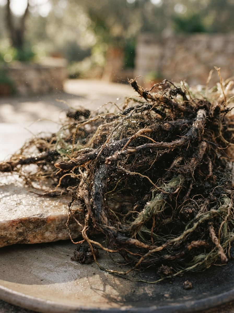 Vetiver grass roots in rich earthy tones