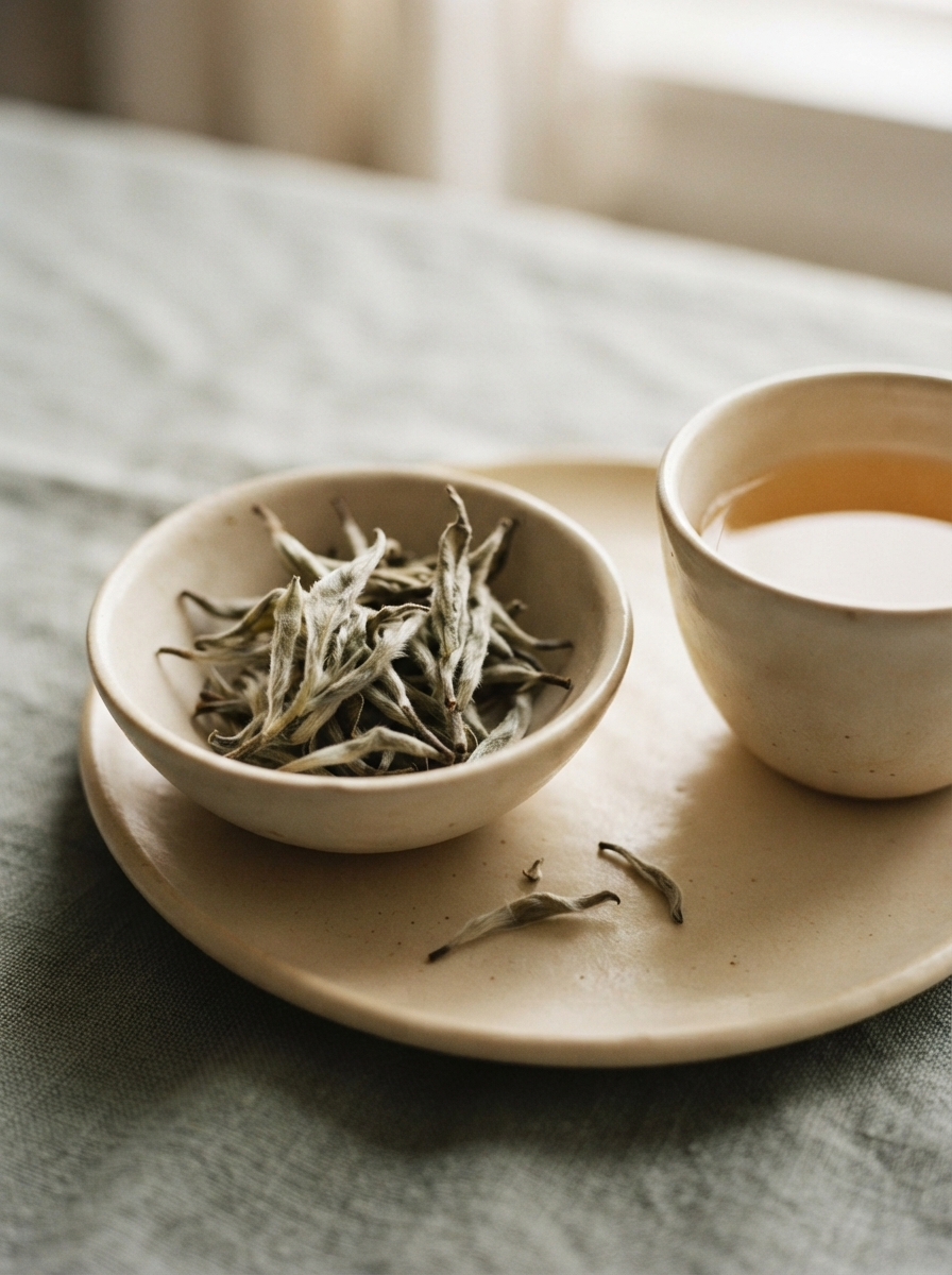 White tea leaves arranged on a warm stone surface