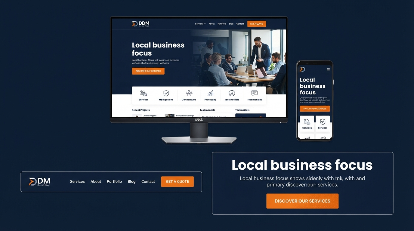 DDM Concept Design: polished local business website shown on desktop and mobile with design detail crops