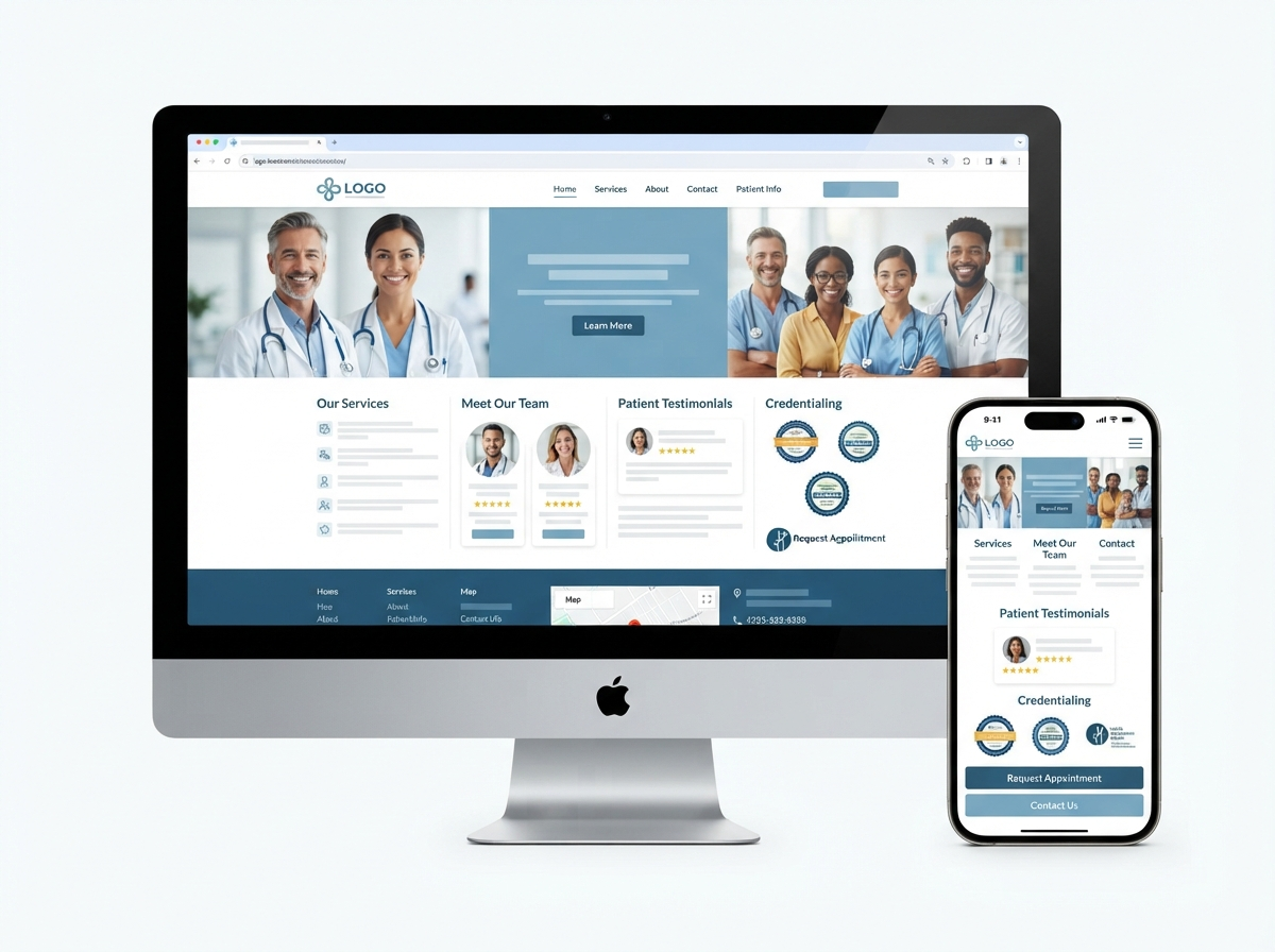 DDM Concept Design: healthcare or financial services website redesign showing a trustworthy homepage with professional credentials, patient testimonials, and clear appointment CTA alongside mobile layout