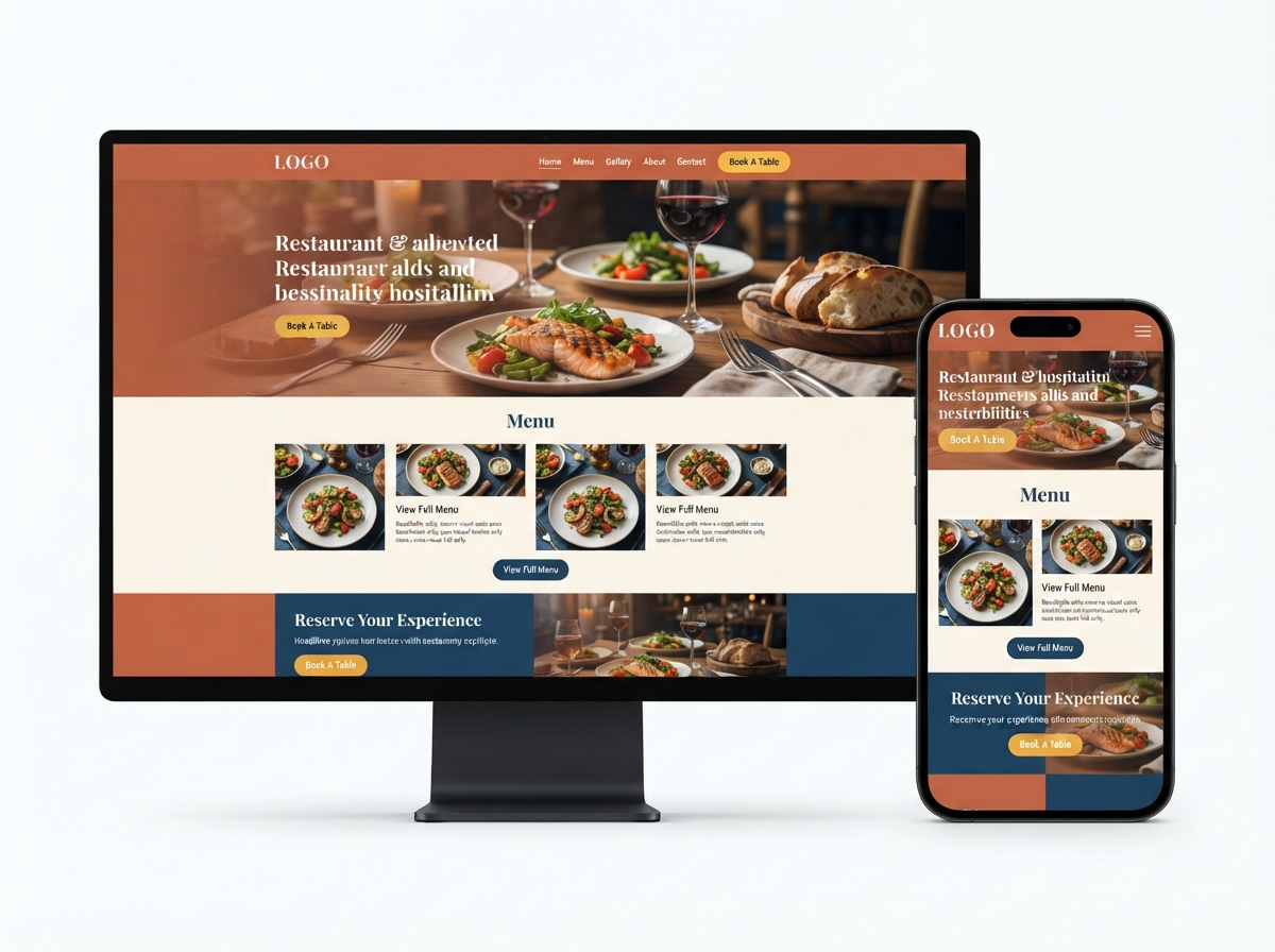 DDM Concept Design: restaurant and hospitality website redesign showing desktop homepage with food photography hero, clean navigation, menu preview, and reservation CTA alongside the matching mobile layout