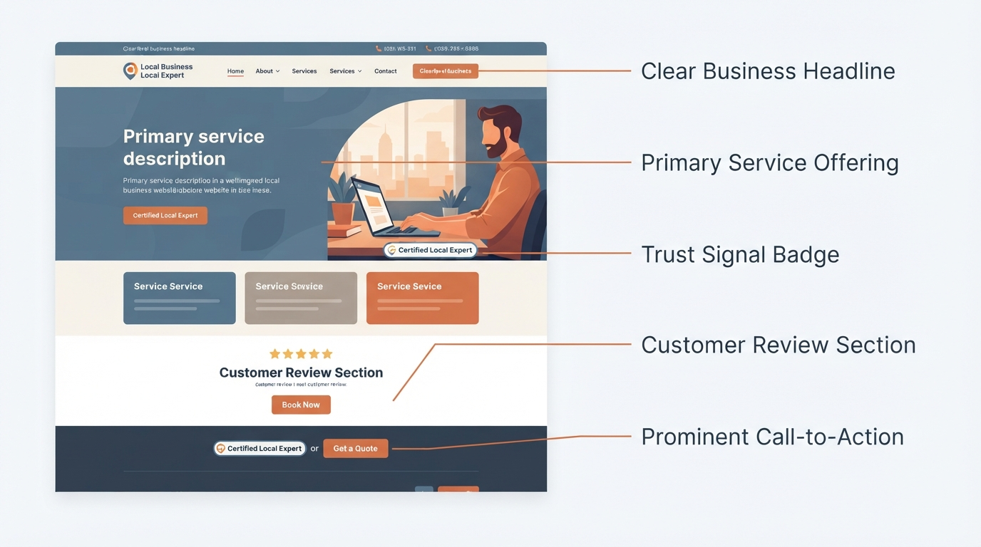 Annotated website homepage diagram showing five labeled callouts: clear opening message, primary service or offer, trust signal, customer proof, and primary CTA connected by thin orange annotation lines